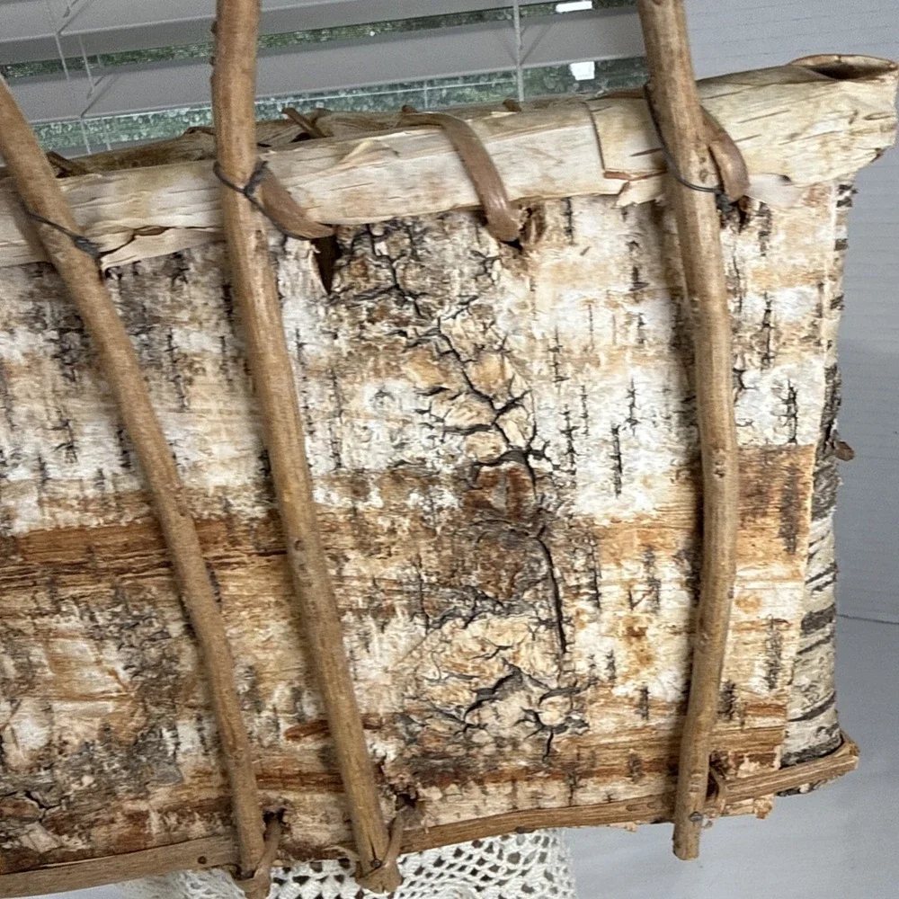 Vintage Birch Bark Wall Hanging 2 Loop Basket. Handmade.